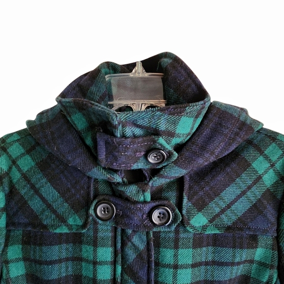 Vintage Lands End Wool Blend Duffle Coat Women L/XL Navy Green Tartan Plaid Hood - Picture 3 of 13